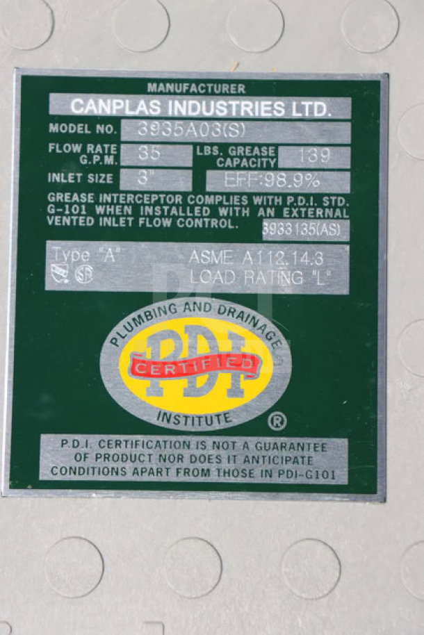 BRAND NEW Endura 3935A03 grease trap label showing 35 GPM flow rate, 70 lb capacity, 3" hub, PDI certified.