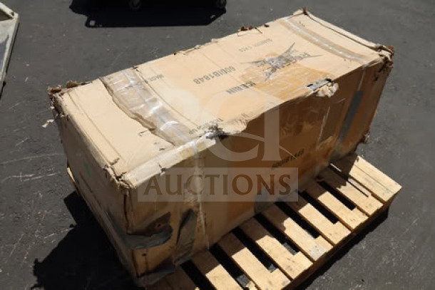 A damaged box labeled "Regency 600IB1848," containing a new 18" x 48" stainless steel underbar ice bin with bottle holders.