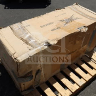 A damaged box labeled "Regency 600IB1848," containing a new 18" x 48" stainless steel underbar ice bin with bottle holders.
