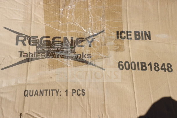 Packaging for a Regency 600IB1848 stainless steel underbar ice bin with bottle holders, new in box, 161 lb capacity.