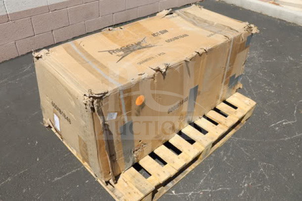 Regency 600IB1848 ice bin in damaged box on pallet, contains 18"x48" stainless steel underbar ice bin with bottle holders, 161 lb.