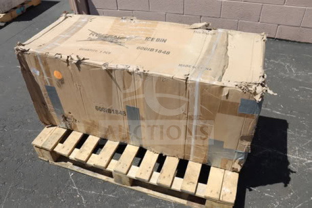 Brand new Regency 600IB1848 18"x48" stainless steel underbar ice bin with bottle holders in sealed box on pallet.
