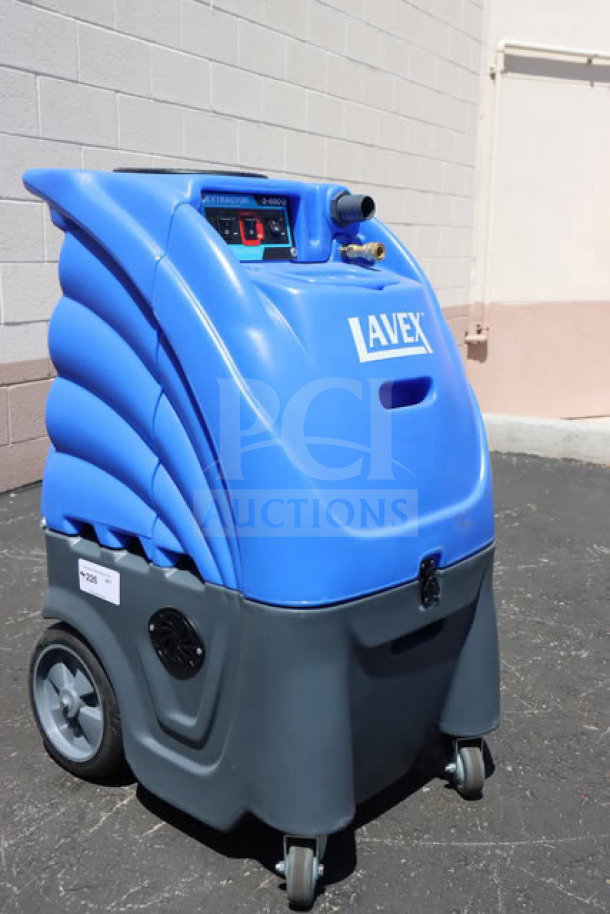 Lavex Dual 3-Stage Heated Carpet Extractor, model 842HT123ST12, 12-gallon, 500 PSI, new condition, blue with controls visible.