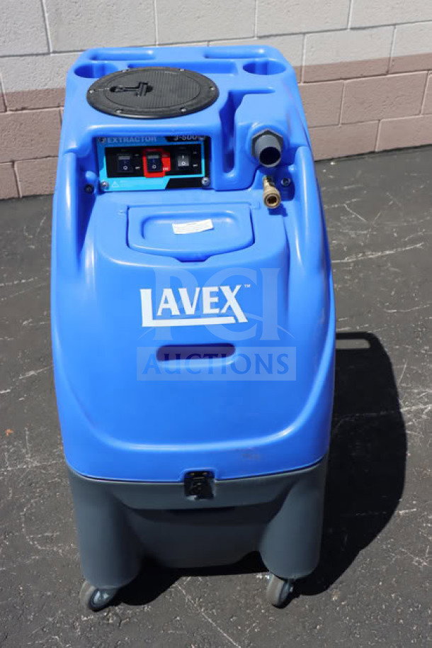 Brand new Lavex dual 3-stage heated carpet extractor, 500 PSI, with controls visible, durable blue casing.