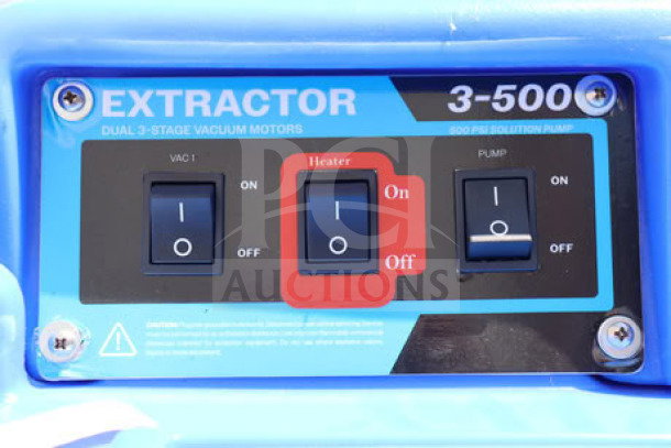 Lavex Dual 3-Stage Heated Carpet Extractor control panel, model 842HT123ST12, 500 PSI, with switches for vacuum, heater, and pump.