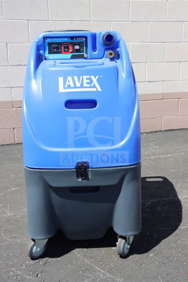 BRAND NEW Lavex Dual 3-Stage Heated Carpet Extractor, model 842HT123ST12, blue and gray, 12-gallon, 500 PSI, on wheels.