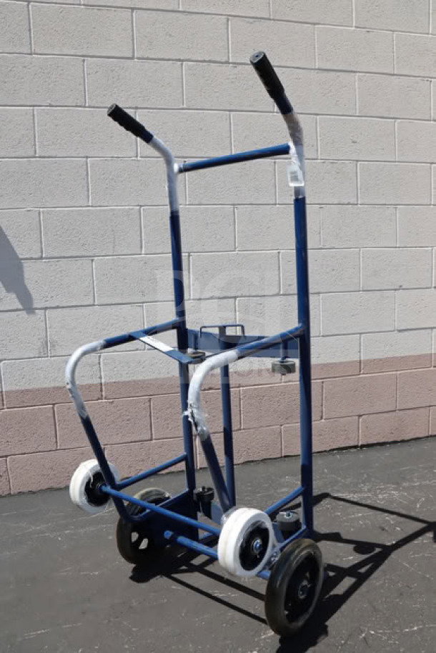 Brand new Lavex 257HT0063 steel drum hand truck, 900 lb capacity, with 10" iron and 6" rubber wheels, un-boxed.