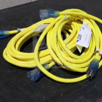 Bright yellow extension cord set, brand new, 15A 125V 1875W, suitable for outdoor use, dual plug ends visible.