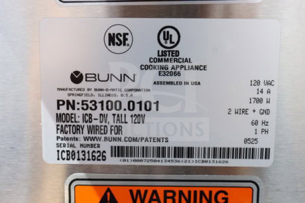 Alt text: Bunn BrewWISE ICB-DV Tall Infusion Series label, model 53100.0101, dual voltage, 1,700-4,050 watts, serial ICB0131626.
