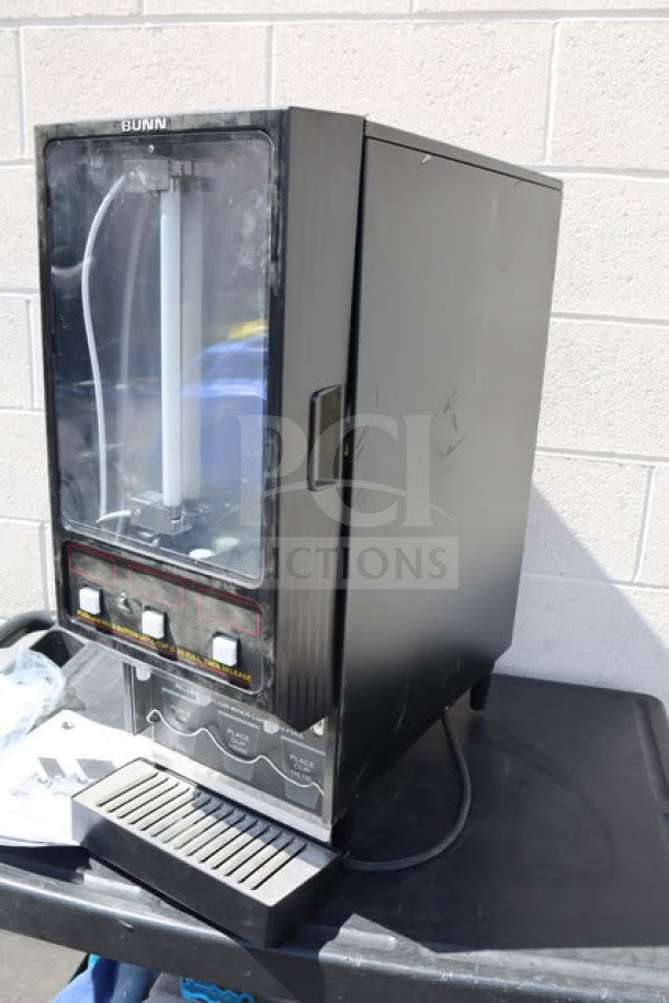 BRAND NEW Bunn FMD-3 Cappuccino Machine, Model SET00.0197, scratch-n-dent condition, 3 hoppers, black, missing graphic.