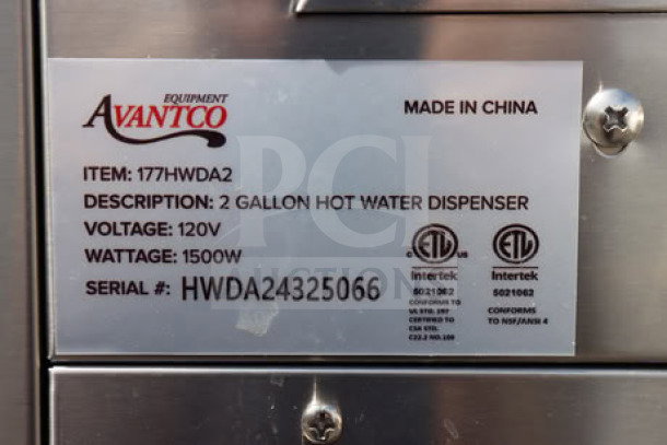 Avantco HWDA2 2 Gallon Hot Water Dispenser, 120V, 1500W, Scratch-n-Dent, Serial# HWDA24325066, new condition.