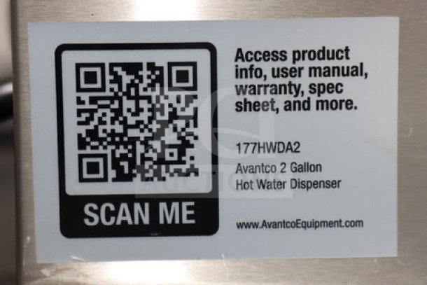 Avantco HWDA2 2 Gallon Hot Water Dispenser, 120V, 1500W, brand new scratch-n-dent, QR code label for product info.