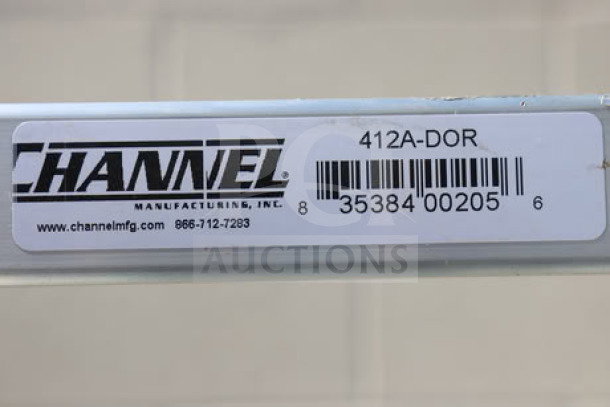 Channel 412A-DOR aluminum bun pan rack label shown. Capacity: 30 pans. Brand new, scratch-n-dent condition.