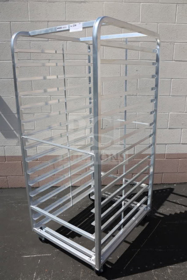 Channel 412A-DOR aluminum bun pan oven rack, double section, side load, 30 pan capacity, brand new scratch-n-dent condition.