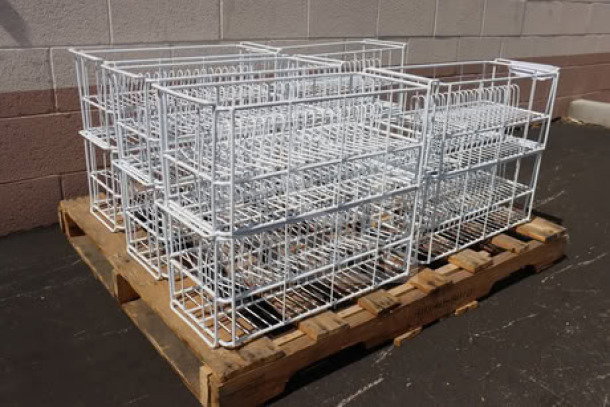 Pallet of wire 20-compartment soup bowl catering racks; new condition, no original packaging.
