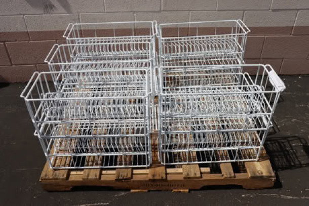 Brand new pallet of wire, 20-compartment soup bowl catering racks, out of original packaging.