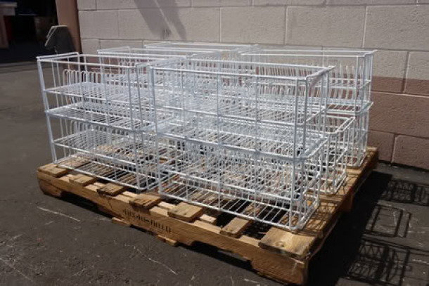 Brand new wire 20-compartment soup bowl catering rack on a pallet, out of original packaging.