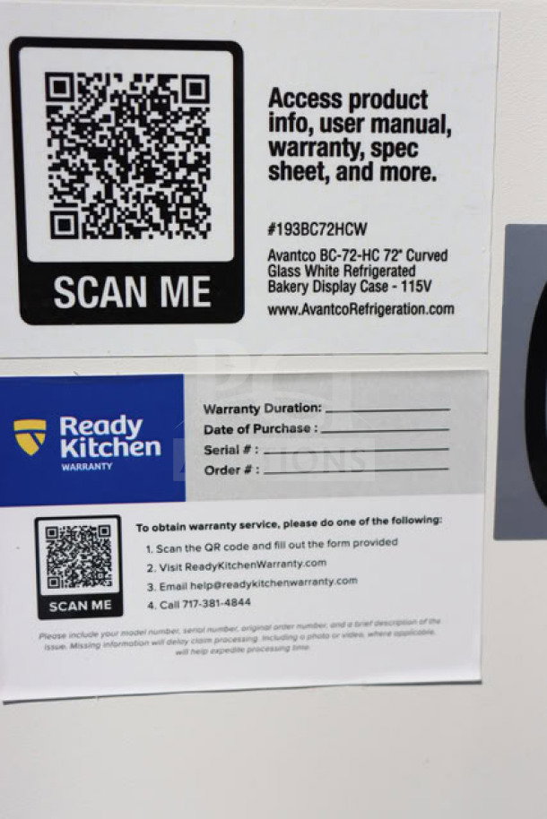 QR code with product info for Avantco BC-72-HC 72" Curved Glass Refrigerated Bakery Display Case. Warranty info shown.