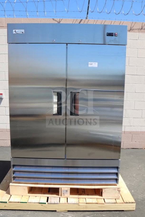 Brand new Avantco A-49F-HC 54" reach-in freezer, stainless steel, 115V, small dent on back left corner, serial #327684281.