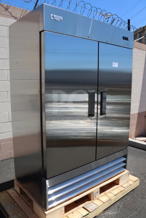 Avantco A-49F-HC 54" solid door reach-in freezer, new, 115V, minor dent on back left corner, on wooden pallet.