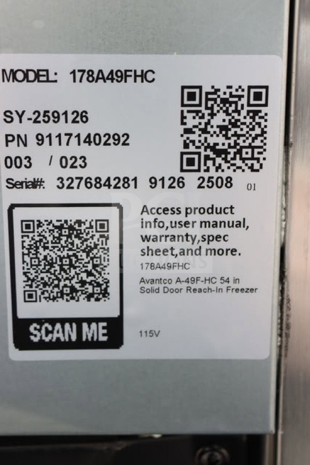 QR code label on an Avantco A-49F-HC freezer, displaying serial number 327684281 9126 2508, 115V, with product info access.