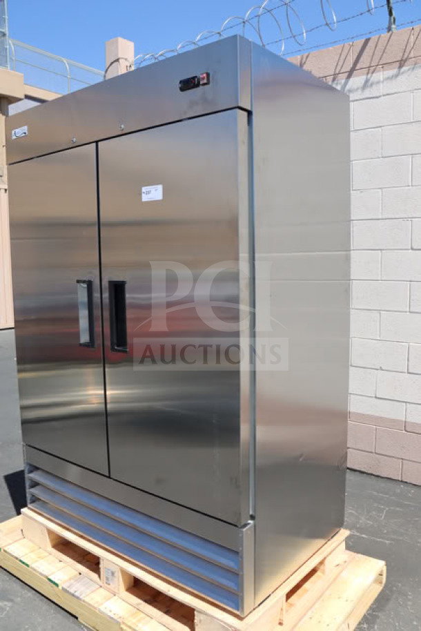 Brand new Avantco A-49F-HC 54" solid door reach-in freezer, 115V, 780W, small dent back left corner. Serial: 327684281 9126 2508.