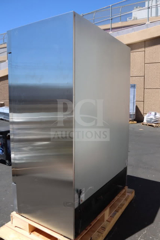 Brand new Avantco A-49F-HC 54" reach-in freezer, 115V, small dent on back left corner, on wooden pallet.