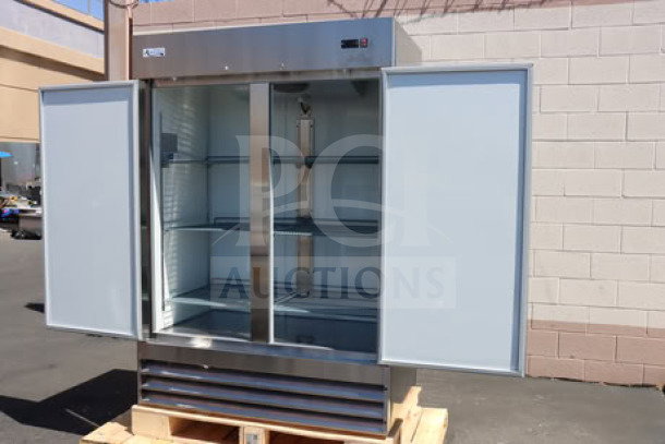 Brand new Avantco A-49F-HC 54" solid door reach-in freezer, 115V, 8.5A, 1 phase, 780W. Small dent on back left corner.