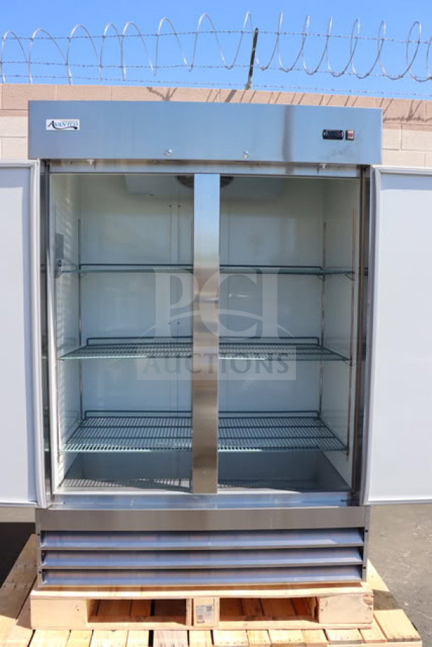Brand new Avantco A-49F-HC 54" solid door reach-in freezer. 115V, 8.5A, 780W. Small dent on back left corner. Serial: 327684281 9126 2508.