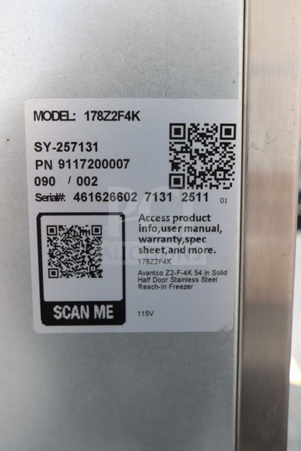 Avantco Z2-F4-K 54" solid half door stainless steel reach-in freezer; minor scratches and dents; serial #461626602.
