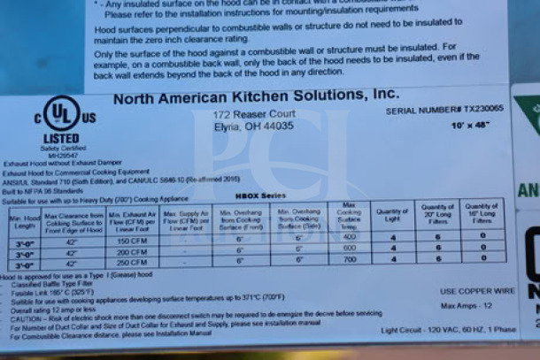 BRAND NEW Halifax PSPHO1048 commercial kitchen hood system with PSP makeup air, 10' x 48", serial #TX230065, UL listed.