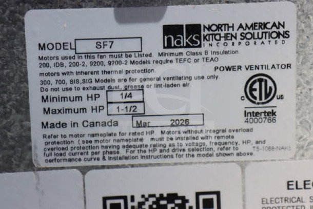 BRAND NEW Halifax PSPHO1048 kitchen hood system label showing model, power specifications, and manufacturing details.