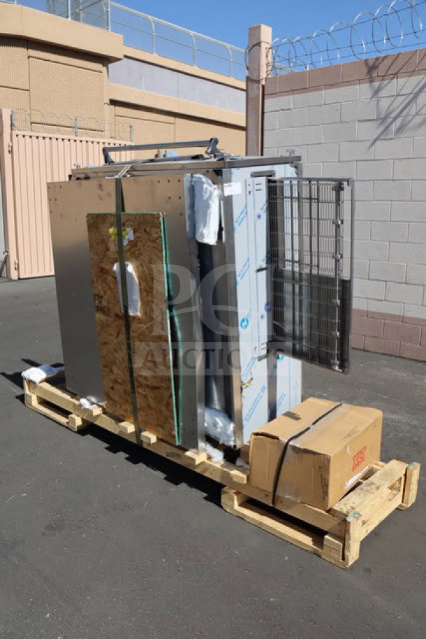 BRAND NEW XLT 3255 H Series Triple Stacked Natural Gas Conveyor Oven on pallet; 32" conveyor, 55" cooking chamber.