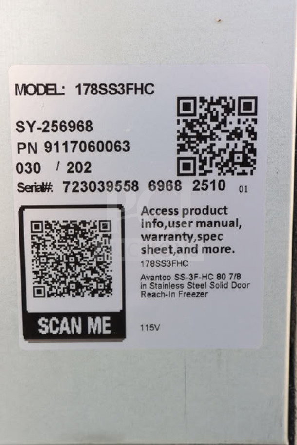 QR code and label for Avantco SS-3F-HC Stainless Steel Reach-In Freezer. Displays model, serial number, and voltage info.