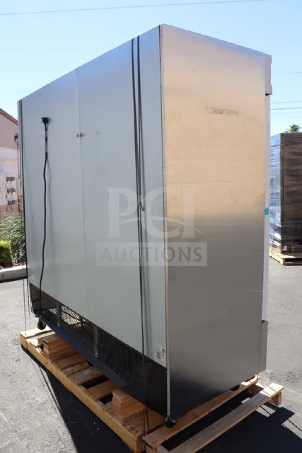 Avantco SS-3F-HC stainless steel reach-in freezer, brand new, 81 5/16", 115V, minor scratches and dents visible.