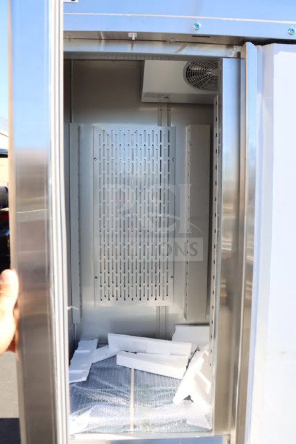 Avantco SS-3F-HC reach-in freezer, stainless steel, 81 5/16", new with minor dents, open door view showing interior storage.
