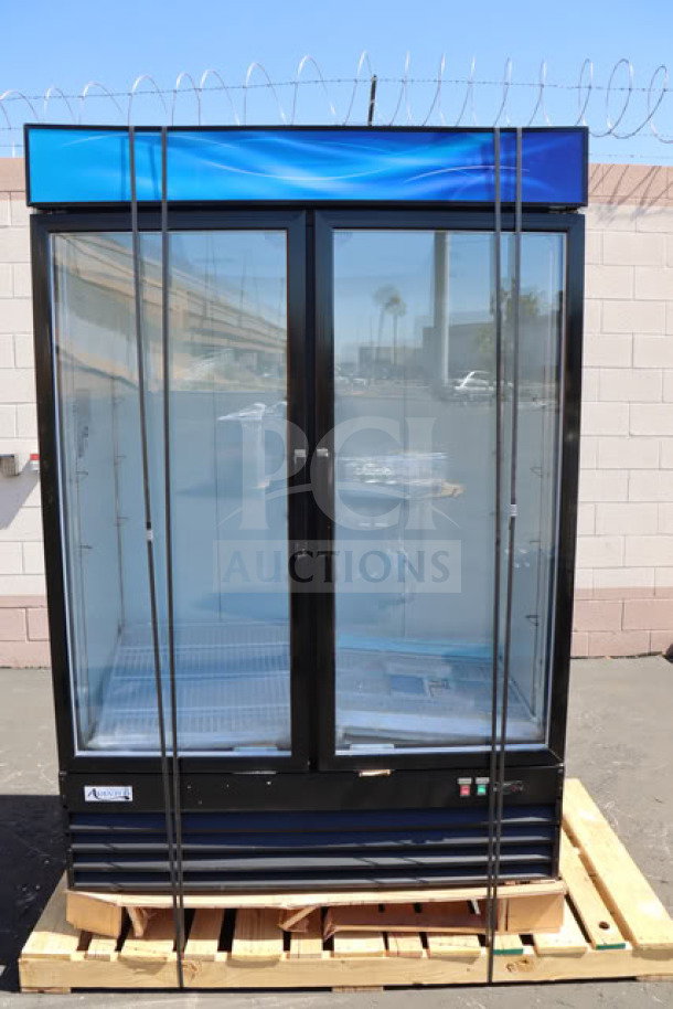 Brand new Avantco GDC-49-HC 53" black swing glass door refrigerator, LED lighting, minor scratching and denting, serial #139082515.