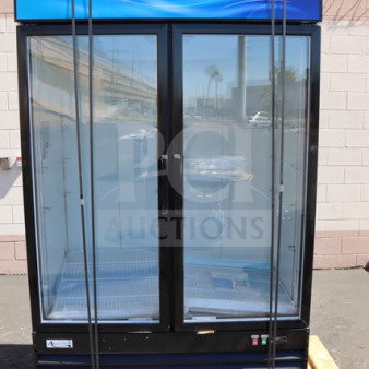 Brand new Avantco GDC-49-HC 53" black swing glass door refrigerator, LED lighting, minor scratching and denting, serial #139082515.