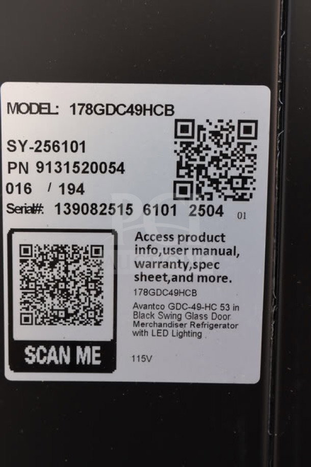 Avantco GDC-49-HC refrigerator label showing model, serial number, and QR code for product info and warranty.