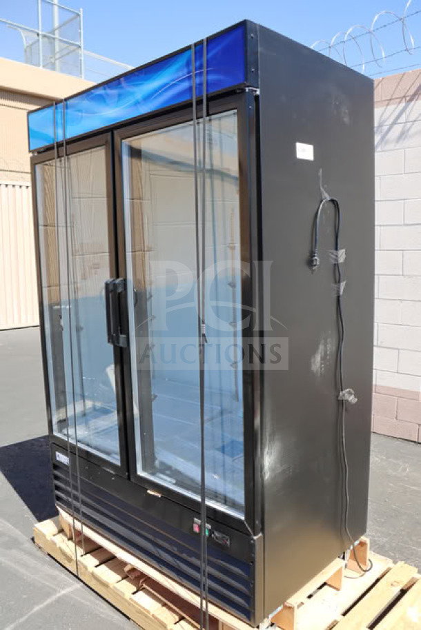 Avantco GDC-49-HC 53" black glass door merchandiser fridge, LED lighting, 115V, new with minor scratches and dents.