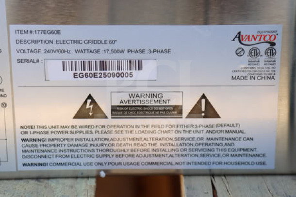 Avantco EG60E 60" Electric Countertop Griddle, 240V, 17,500W, serial EG60E25090005, scratch-n-dent, new condition.