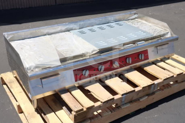 Brand new Avantco EG60E 60" electric countertop griddle, 240V, 17,500W, scratch-n-dent. Serial #EG60E25090005.