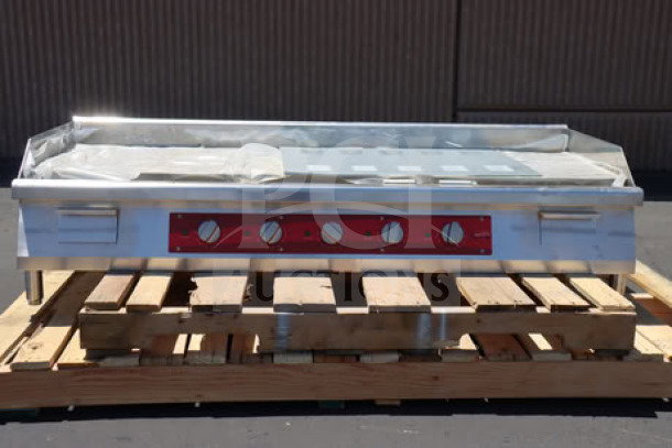 Avantco EG60E 60" electric griddle on pallet, brand new with minor scratches. Model EG60E, 240V, 17,500W, serial EG60E25090005.