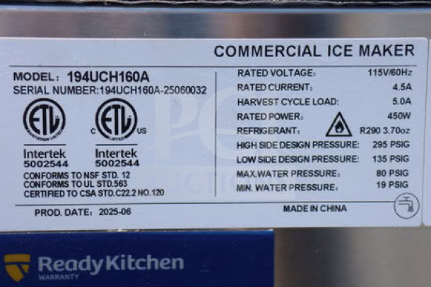 Avantco Ice UC-H-160-A ice machine label, showing model, serial number 194UCH160A-25060032, and specifications.