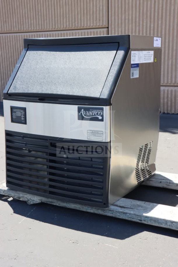 Brand new Avantco Ice UC-H-160-A undercounter ice machine, 160 lb capacity, air-cooled, cosmetic damage visible.