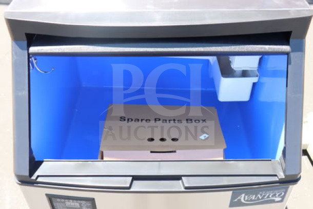 Avantco Ice UC-H-160-A undercounter ice machine, 160 lb. capacity, air-cooled, includes spare parts box, cosmetic damage noted.