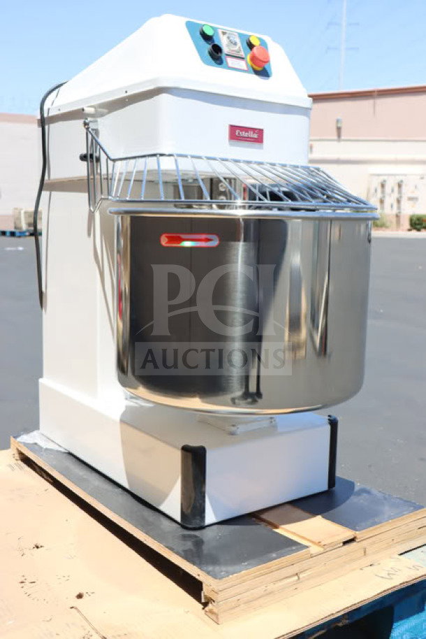 Brand new Estella SM60 60 Qt. spiral dough mixer, out of packaging, minor scratches and dents, 220V, 4 HP.