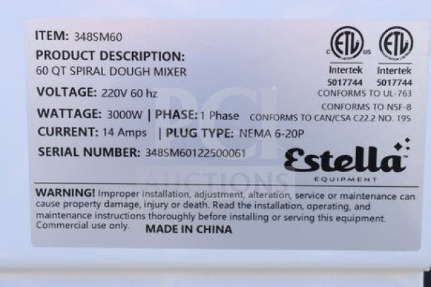 BRAND NEW Estella SM60 60 Qt. Two-Speed Spiral Dough Mixer, 220V, 4 HP; serial #348SM60122500061; may have scratches/dents.