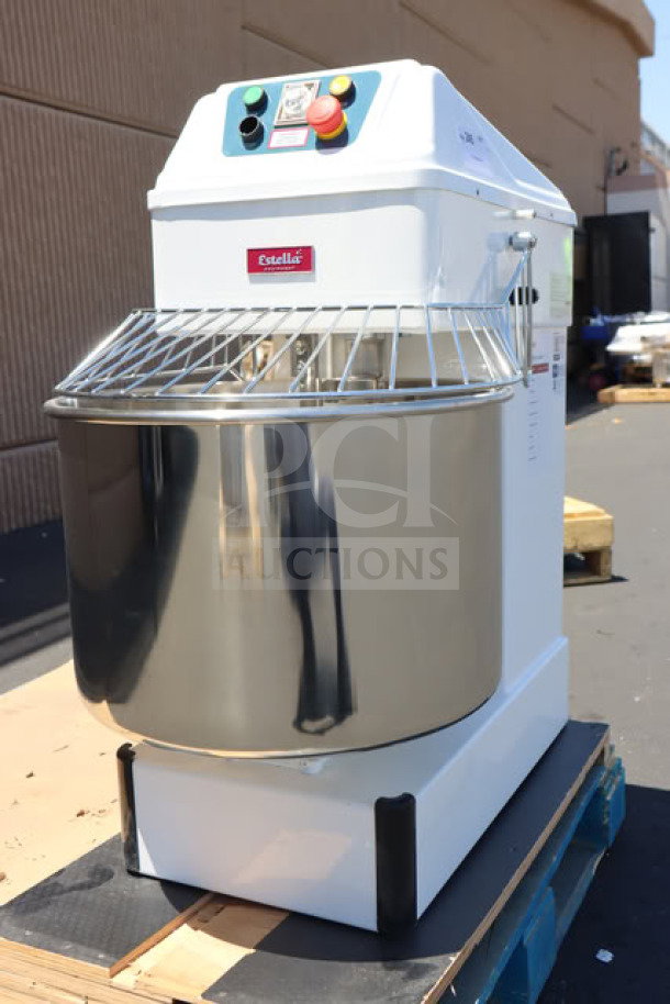Brand new Estella SM60 60 Qt. spiral dough mixer, 220V, 4 HP. Visible control panel. Slight scratching and denting.