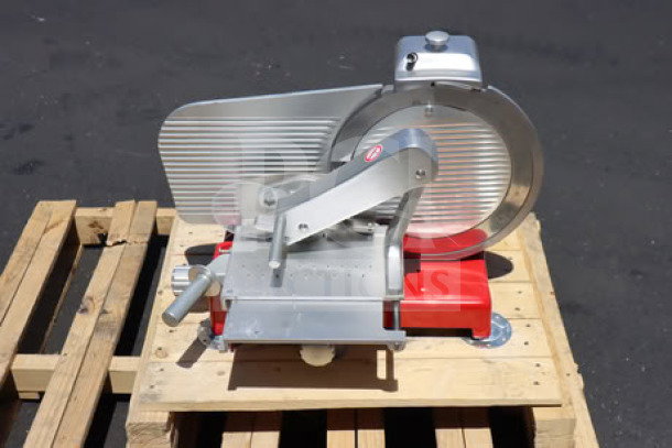 Sirman Mantegna 350 BS 14" red heavy-duty manual meat slicer, model 1535R2208SNA, new, slight scratching and denting.